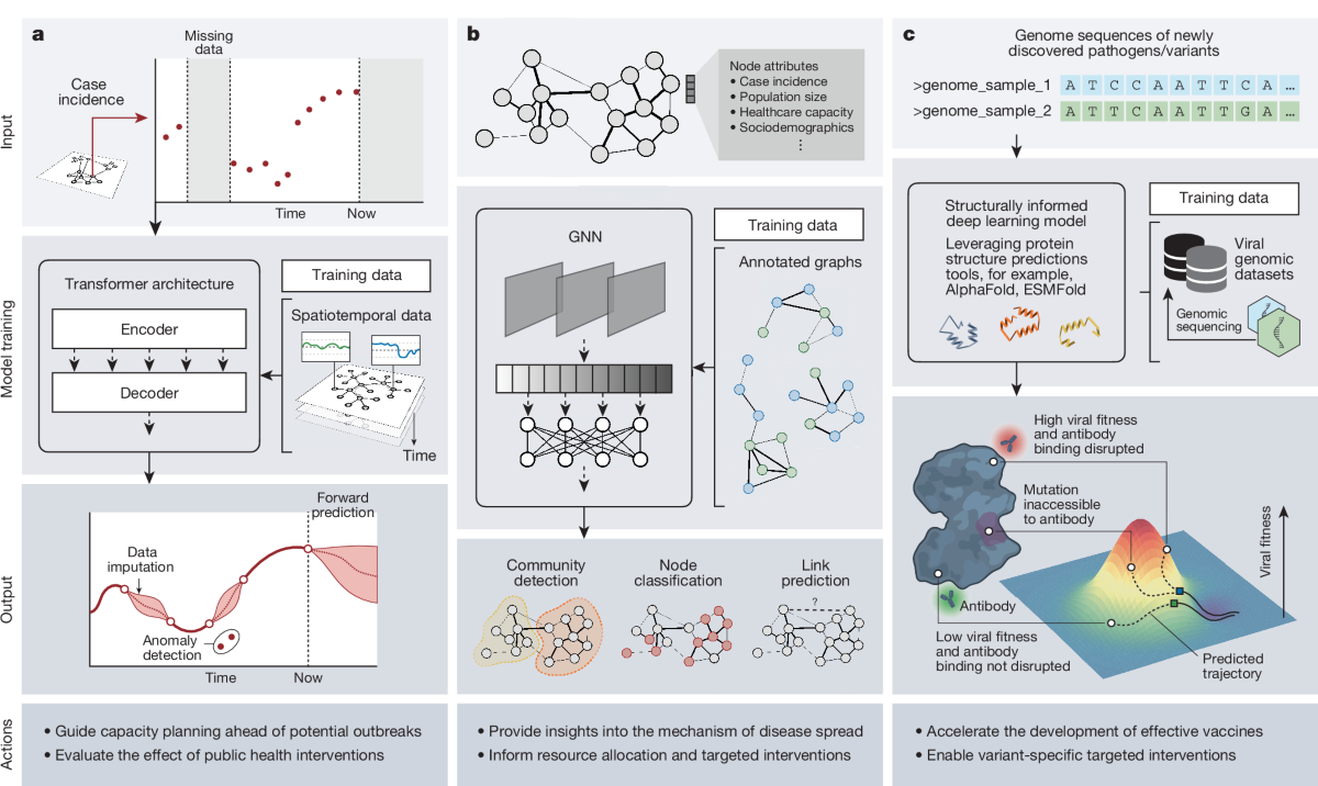 Examples of artificial intelligence methods for epidemic forecasts, disease networks and pathogen genomics